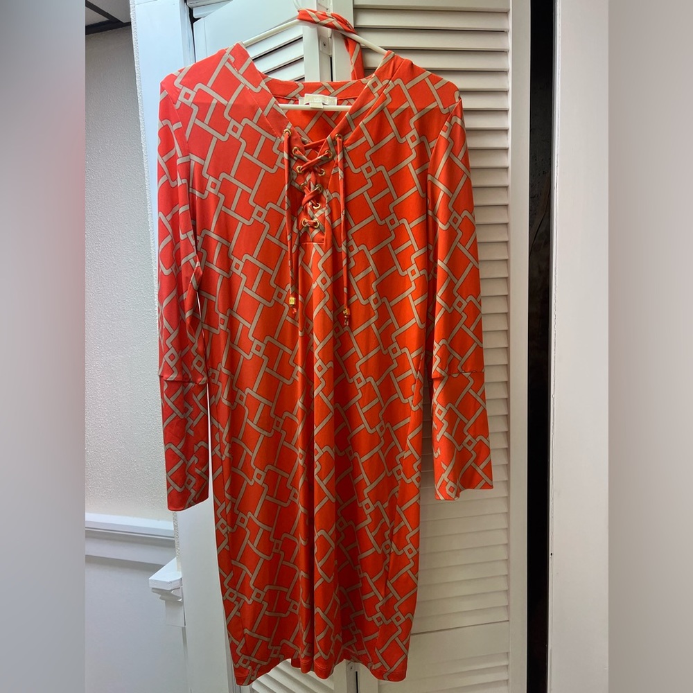 Michael Kors Belted Dress Long Adjustable Sleeves Geometric Print orange SZ: S
